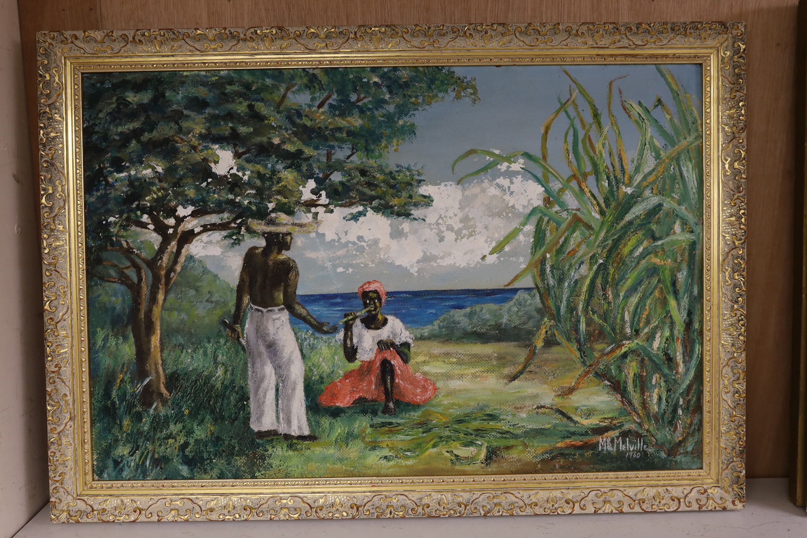 M. Melville, oil on board, Jamaican scene with figures beside the shore, signed and dated 1960, 40 x 60cm